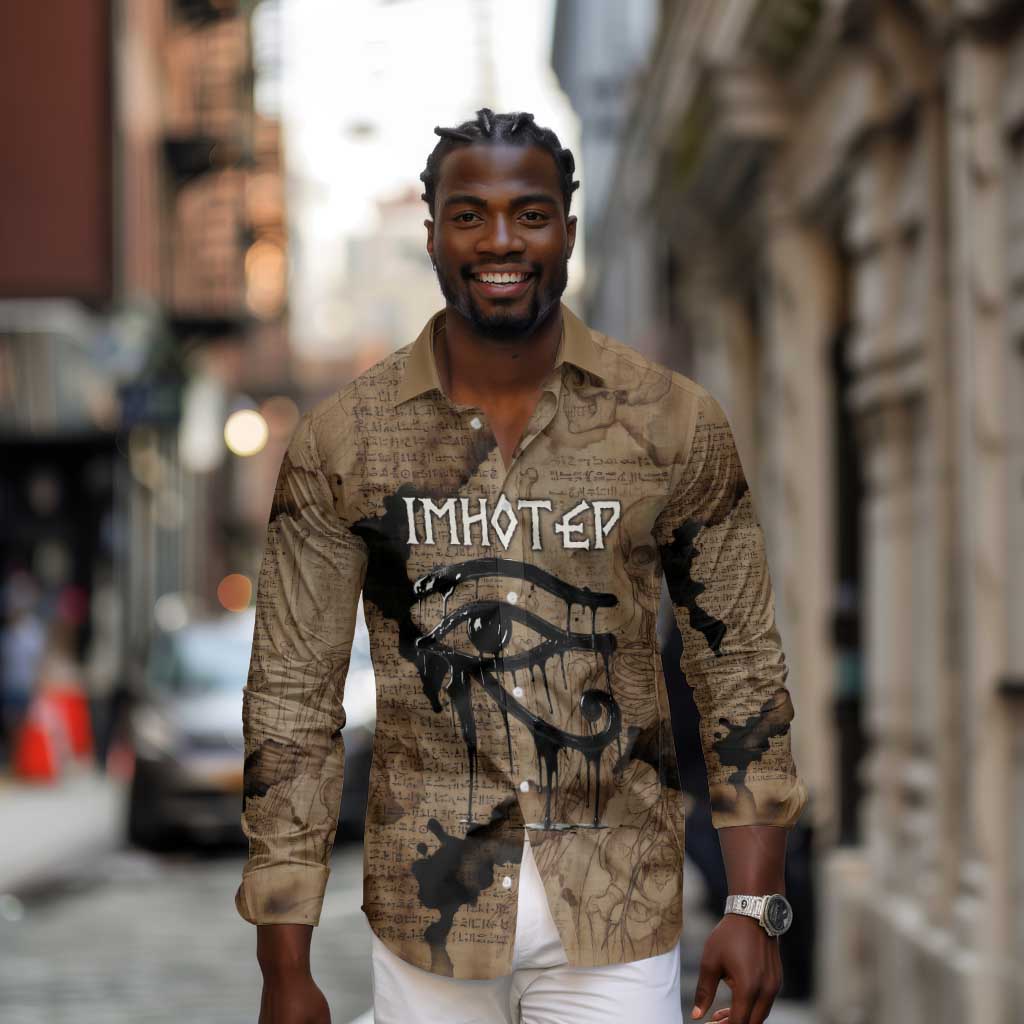 Imhotep Eye of Horus Long Sleeve Button Shirt Papyrus Scrolls Ancient Egyptian Medicine
