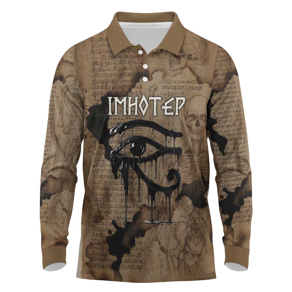 Imhotep Eye of Horus Long Sleeve Polo Shirt Papyrus Scrolls Ancient Egyptian Medicine