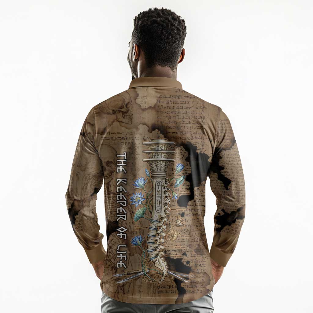 Imhotep Eye of Horus Long Sleeve Polo Shirt Papyrus Scrolls Ancient Egyptian Medicine