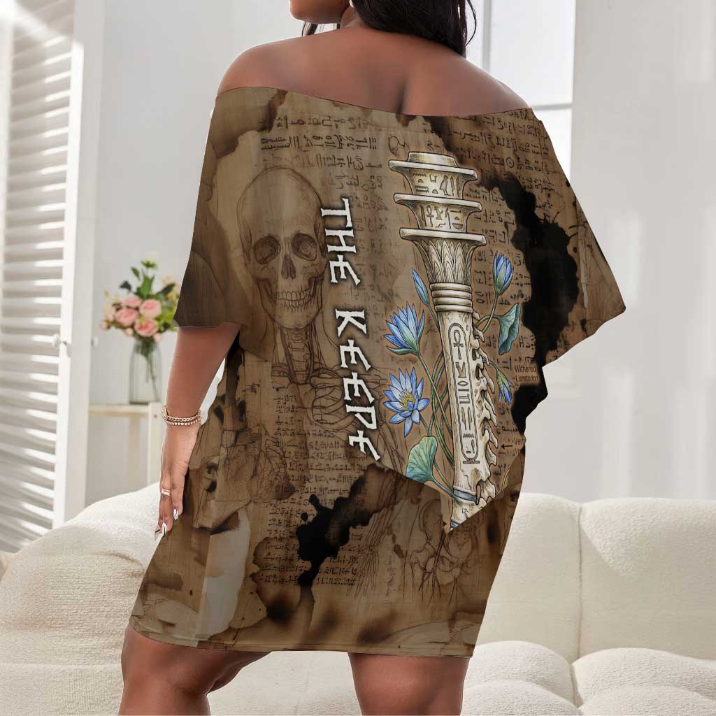 Imhotep Eye of Horus Off Shoulder Short Dress Papyrus Scrolls Ancient Egyptian Medicine