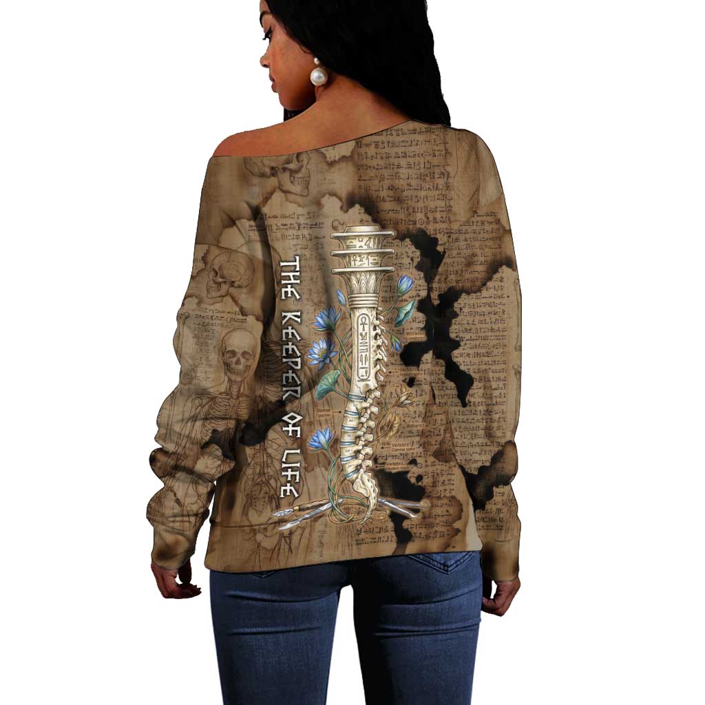 Imhotep Eye of Horus Off Shoulder Sweater Papyrus Scrolls Ancient Egyptian Medicine