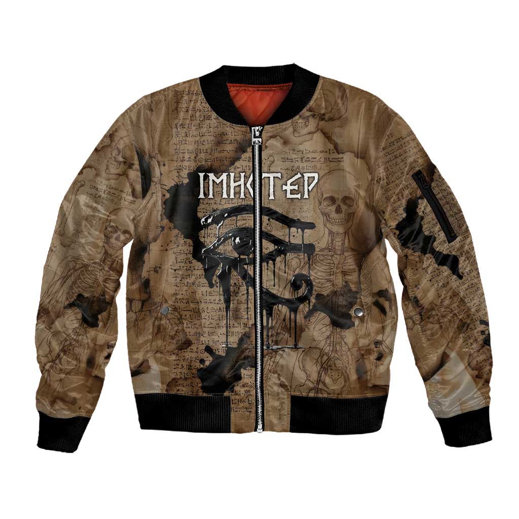Imhotep Eye of Horus Sleeve Zip Bomber Jacket Papyrus Scrolls Ancient Egyptian Medicine