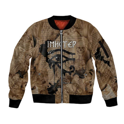 Imhotep Eye of Horus Sleeve Zip Bomber Jacket Papyrus Scrolls Ancient Egyptian Medicine
