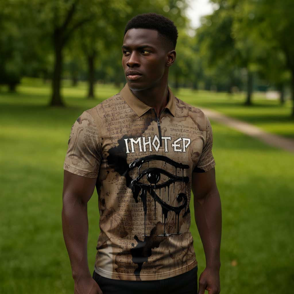 Imhotep Eye of Horus Zipper Polo Shirt Papyrus Scrolls Ancient Egyptian Medicine