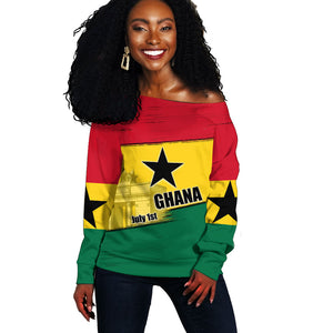 Ghana Republic Day Off Shoulder Sweater Ghanaian Pride Flag Colors With Coat Of Arms And Black Star
