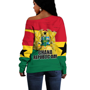Ghana Republic Day Off Shoulder Sweater Ghanaian Pride Flag Colors With Coat Of Arms And Black Star