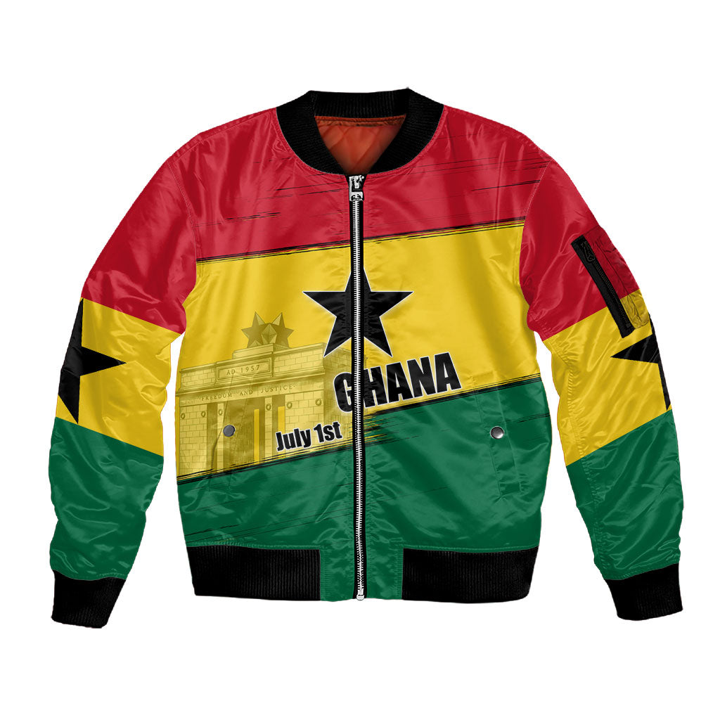 Ghana Republic Day Sleeve Zip Bomber Jacket Ghanaian Pride Flag Colors With Coat Of Arms And Black Star