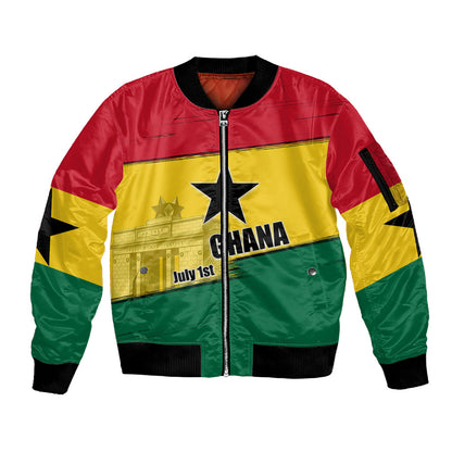 Ghana Republic Day Sleeve Zip Bomber Jacket Ghanaian Pride Flag Colors With Coat Of Arms And Black Star