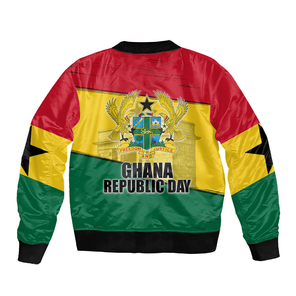 Ghana Republic Day Sleeve Zip Bomber Jacket Ghanaian Pride Flag Colors With Coat Of Arms And Black Star