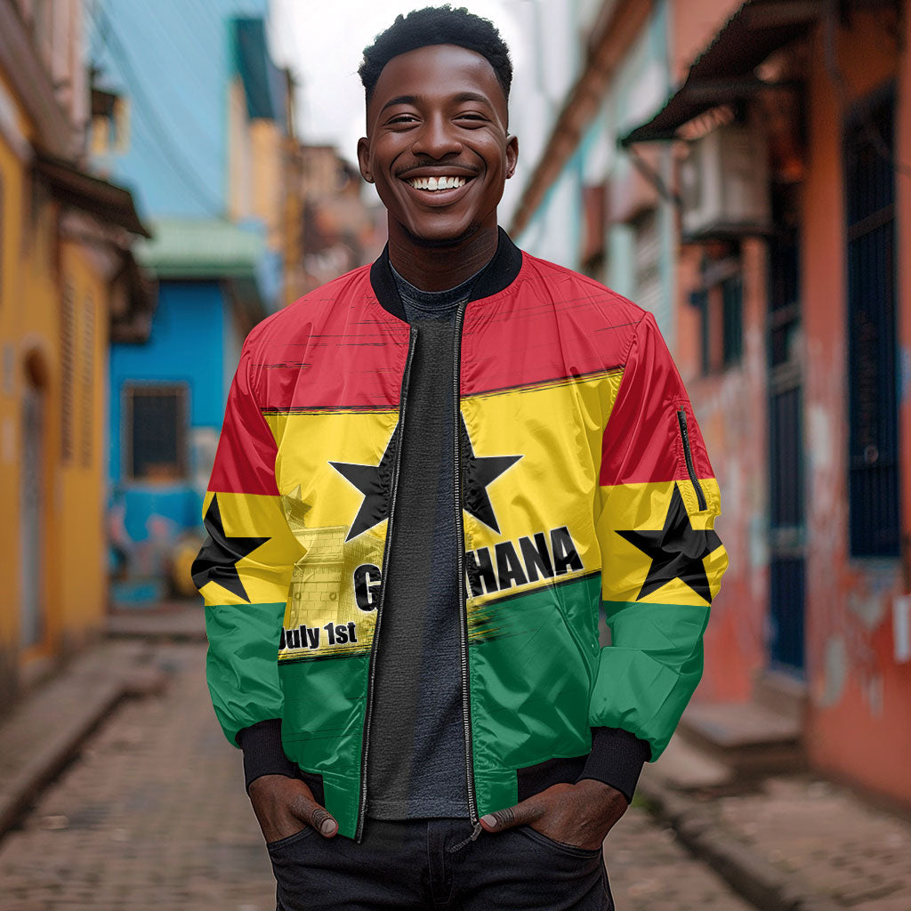 Ghana Republic Day Sleeve Zip Bomber Jacket Ghanaian Pride Flag Colors With Coat Of Arms And Black Star