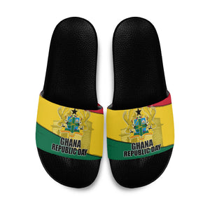 Ghana Republic Day Slide Sandals Ghanaian Pride Flag Colors With Coat Of Arms And Black Star