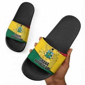 Ghana Republic Day Slide Sandals Ghanaian Pride Flag Colors With Coat Of Arms And Black Star