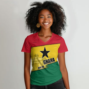 Ghana Republic Day Women V-Neck T-Shirt Ghanaian Pride Flag Colors With Coat Of Arms And Black Star