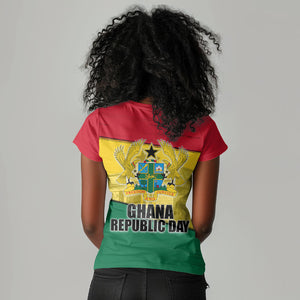 Ghana Republic Day Women V-Neck T-Shirt Ghanaian Pride Flag Colors With Coat Of Arms And Black Star