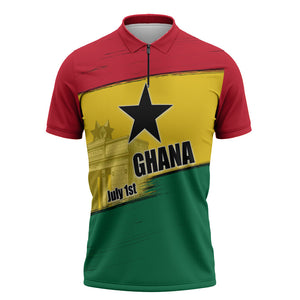 Ghana Republic Day Zipper Polo Shirt Ghanaian Pride Flag Colors With Coat Of Arms And Black Star