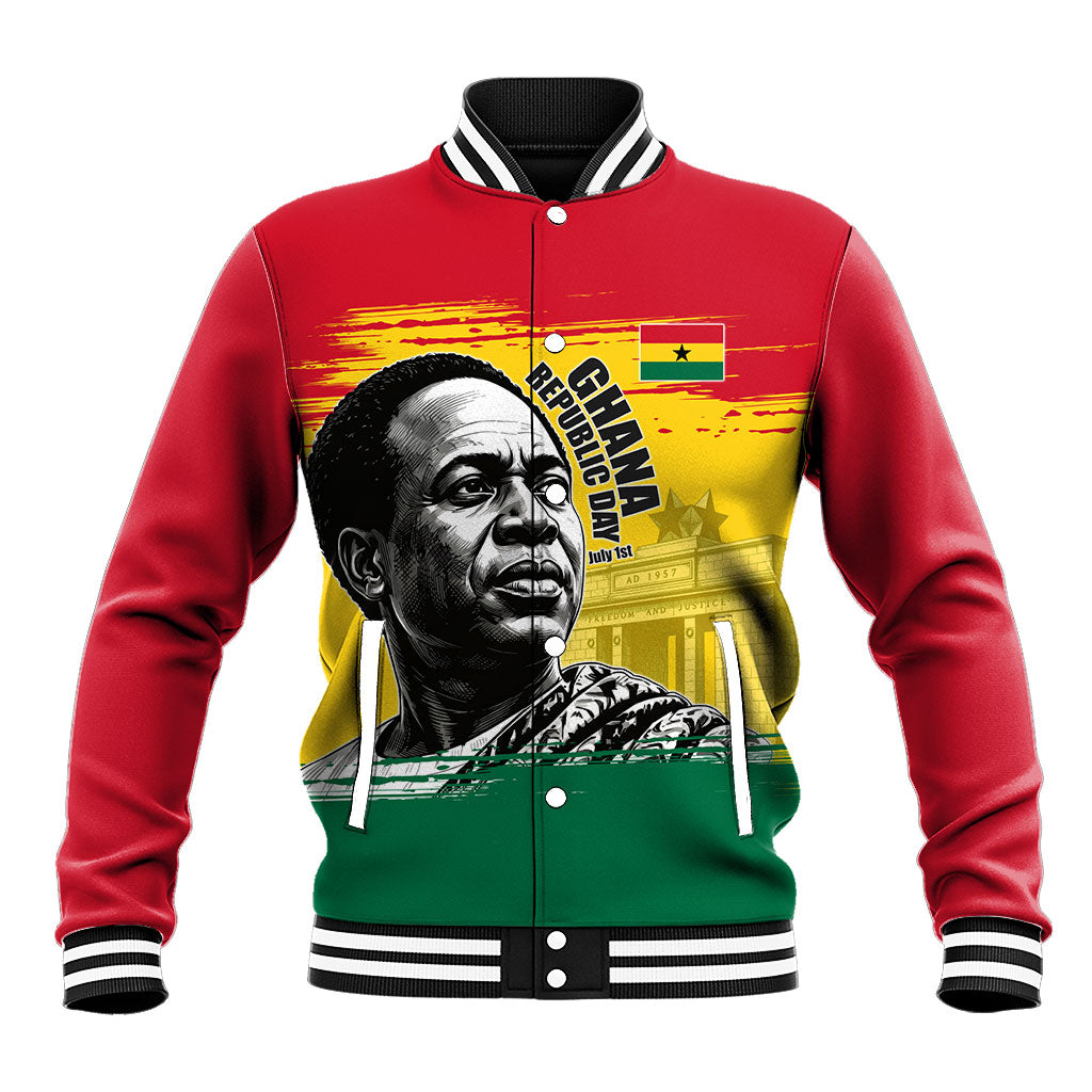 Personalized Ghana Republic Day Baseball Jacket Kwame Nkrumah Vintage Portrait Art - July 1st Theme