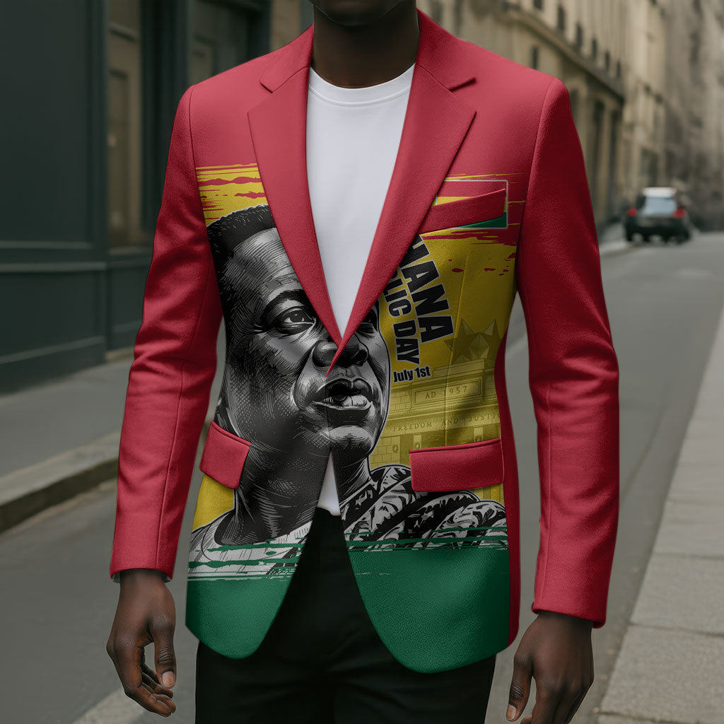 Personalized Ghana Republic Day Blazer Kwame Nkrumah Vintage Portrait Art - July 1st Theme