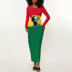 Personalized Ghana Republic Day Long Sleeve Bodycon Dress Kwame Nkrumah Vintage Portrait Art - July 1st Theme