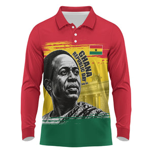 Personalized Ghana Republic Day Long Sleeve Polo Shirt Kwame Nkrumah Vintage Portrait Art - July 1st Theme