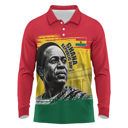 Personalized Ghana Republic Day Long Sleeve Polo Shirt Kwame Nkrumah Vintage Portrait Art - July 1st Theme