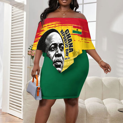 Personalized Ghana Republic Day Off Shoulder Short Dress Kwame Nkrumah Vintage Portrait Art - July 1st Theme