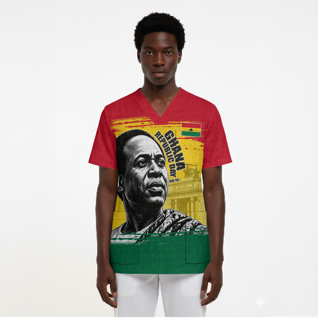 Personalized Ghana Republic Day Scrub Top Kwame Nkrumah Vintage Portrait Art - July 1st Theme