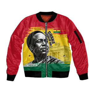 Personalized Ghana Republic Day Sleeve Zip Bomber Jacket Kwame Nkrumah Vintage Portrait Art - July 1st Theme