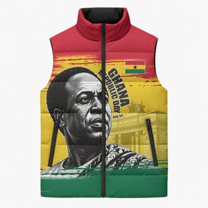 Personalized Ghana Republic Day Sleeveless Puffer Jacket Kwame Nkrumah Vintage Portrait Art - July 1st Theme