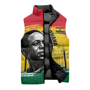 Personalized Ghana Republic Day Sleeveless Puffer Jacket Kwame Nkrumah Vintage Portrait Art - July 1st Theme