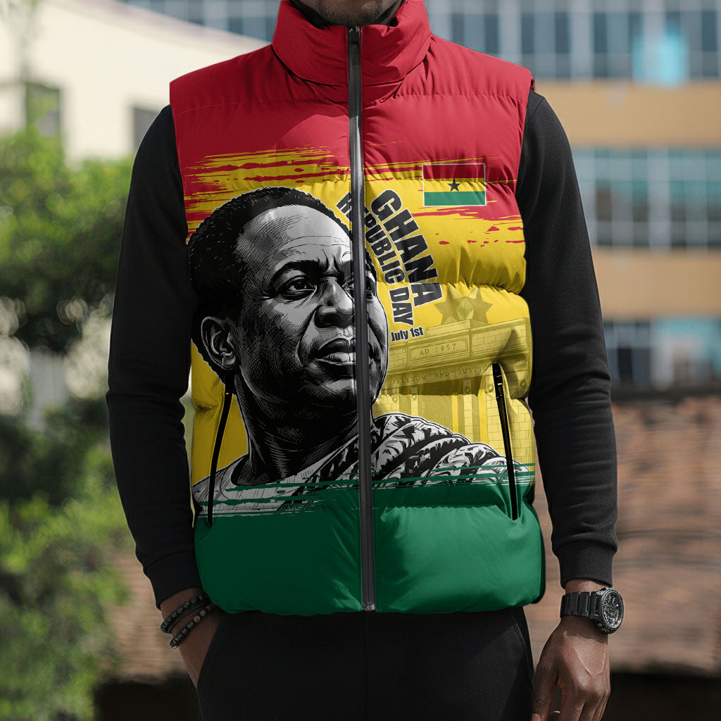 Personalized Ghana Republic Day Sleeveless Puffer Jacket Kwame Nkrumah Vintage Portrait Art - July 1st Theme