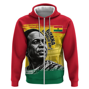 Personalized Ghana Republic Day Zip Hoodie Kwame Nkrumah Vintage Portrait Art - July 1st Theme