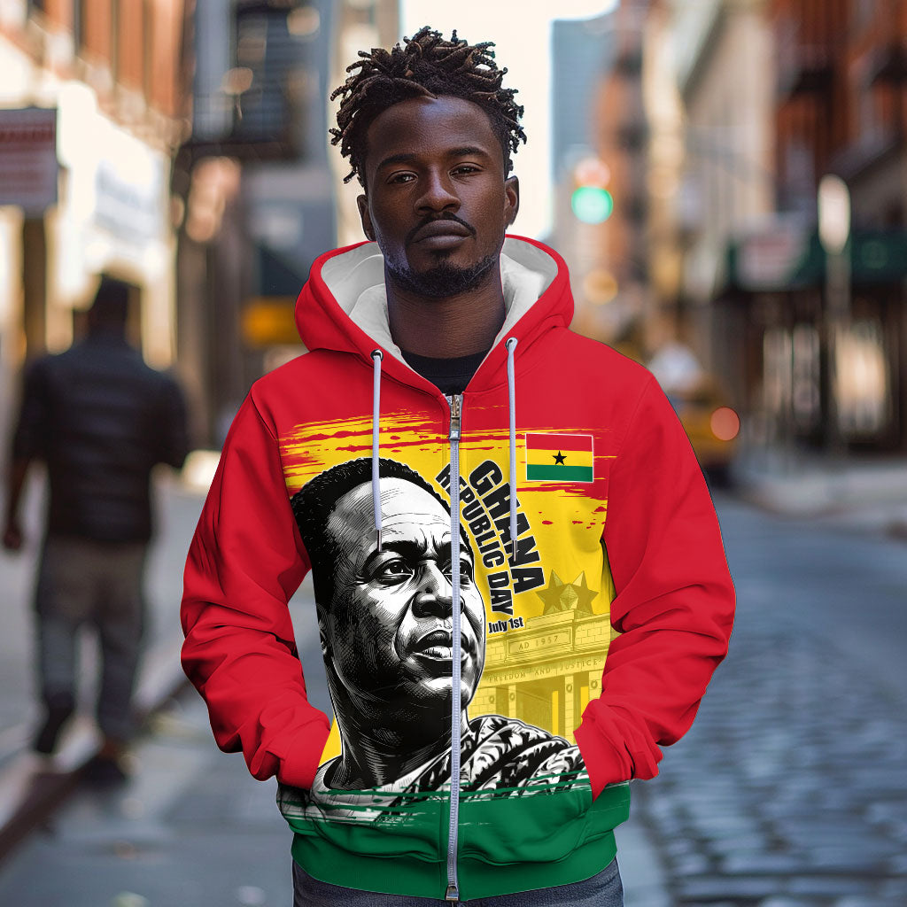Personalized Ghana Republic Day Zip Hoodie Kwame Nkrumah Vintage Portrait Art - July 1st Theme
