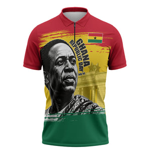 Personalized Ghana Republic Day Zipper Polo Shirt Kwame Nkrumah Vintage Portrait Art - July 1st Theme