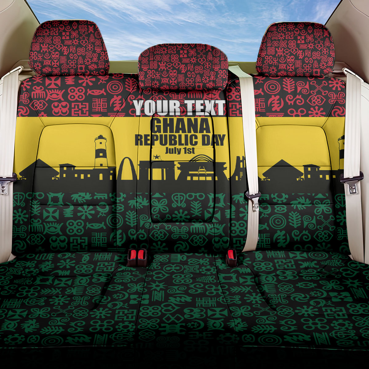 Personalized Ghana Republic Day Back Car Seat Cover Adinkra Pattern Heritage Silhouette African Culture Art