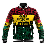 Personalized Ghana Republic Day Baseball Jacket Adinkra Pattern Heritage Silhouette African Culture Art