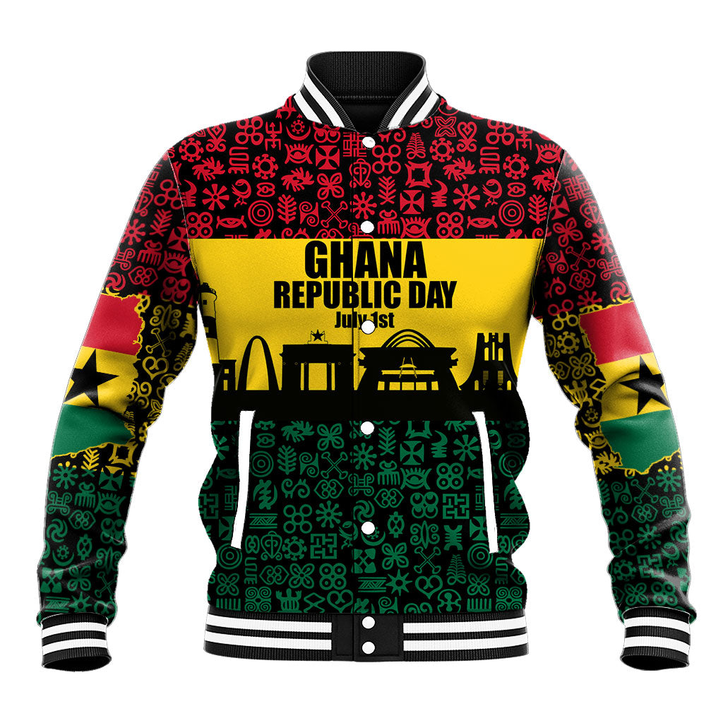 Personalized Ghana Republic Day Baseball Jacket Adinkra Pattern Heritage Silhouette African Culture Art