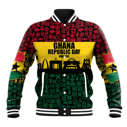 Personalized Ghana Republic Day Baseball Jacket Adinkra Pattern Heritage Silhouette African Culture Art