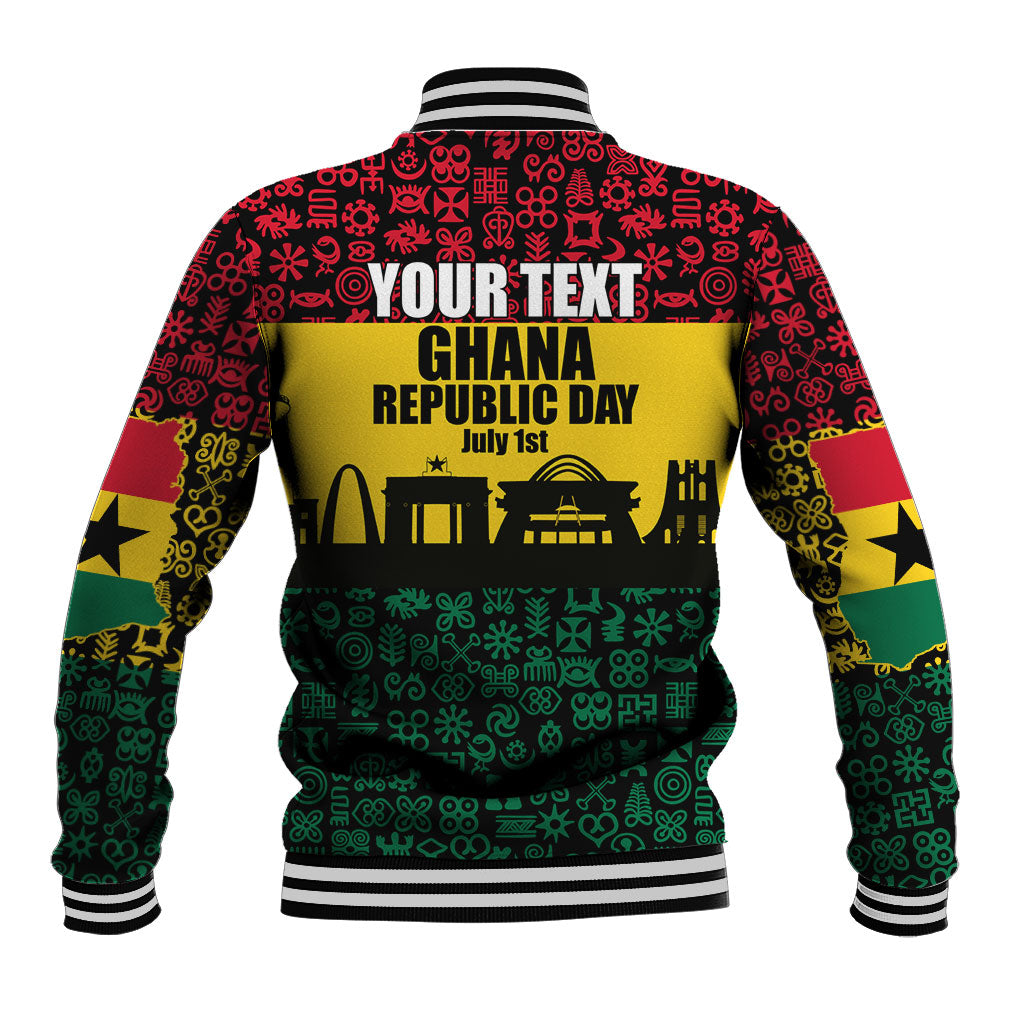 Personalized Ghana Republic Day Baseball Jacket Adinkra Pattern Heritage Silhouette African Culture Art
