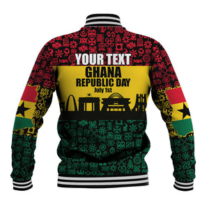 Personalized Ghana Republic Day Baseball Jacket Adinkra Pattern Heritage Silhouette African Culture Art