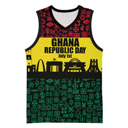 Personalized Ghana Republic Day Basketball Jersey Adinkra Pattern Heritage Silhouette African Culture Art