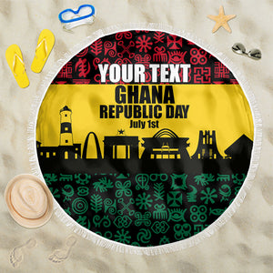 Personalized Ghana Republic Day Beach Blanket Adinkra Pattern Heritage Silhouette African Culture Art