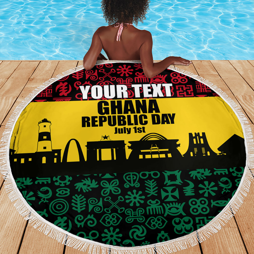Personalized Ghana Republic Day Beach Blanket Adinkra Pattern Heritage Silhouette African Culture Art