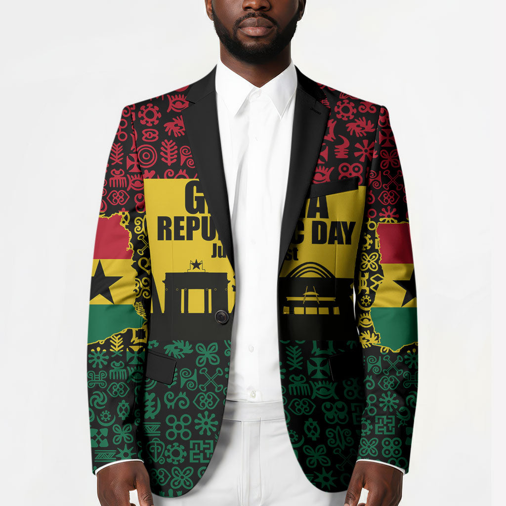 Personalized Ghana Republic Day Blazer Adinkra Pattern Heritage Silhouette African Culture Art