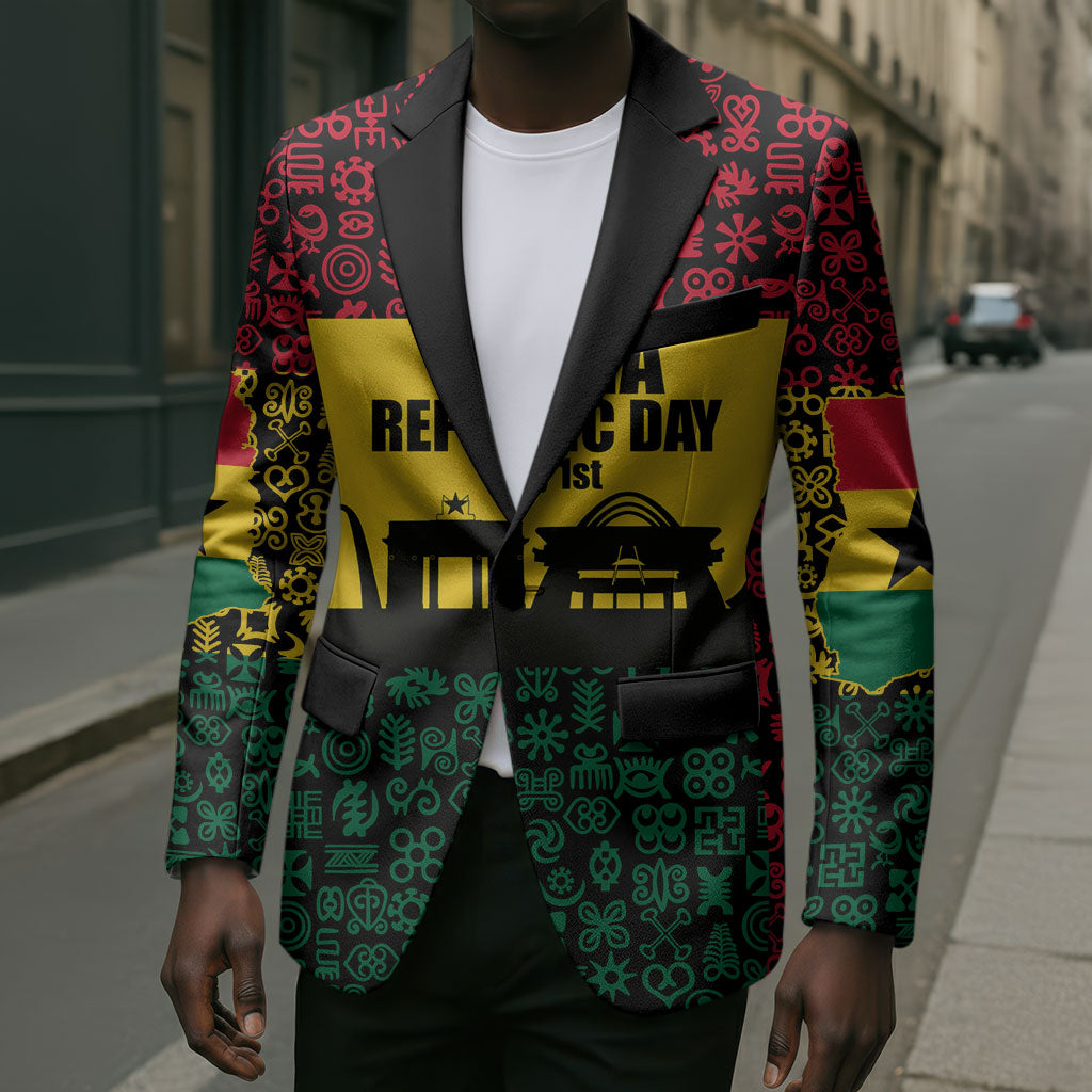 Personalized Ghana Republic Day Blazer Adinkra Pattern Heritage Silhouette African Culture Art