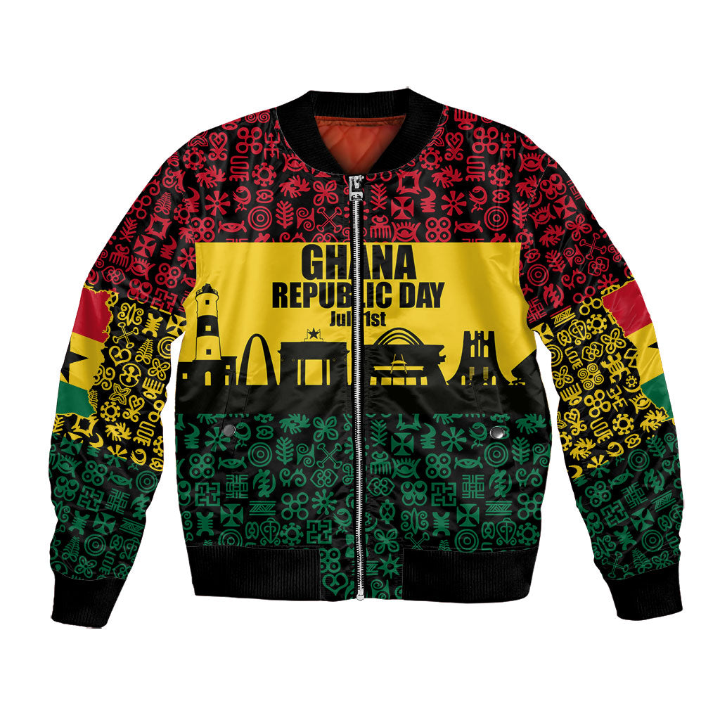 Personalized Ghana Republic Day Bomber Jacket Adinkra Pattern Heritage Silhouette African Culture Art