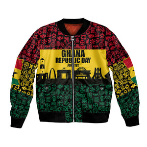 Personalized Ghana Republic Day Bomber Jacket Adinkra Pattern Heritage Silhouette African Culture Art
