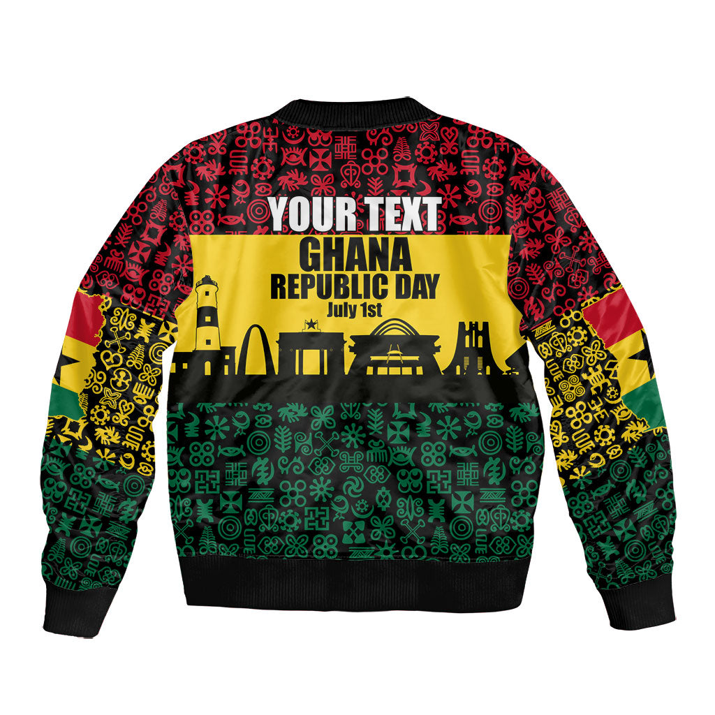 Personalized Ghana Republic Day Bomber Jacket Adinkra Pattern Heritage Silhouette African Culture Art