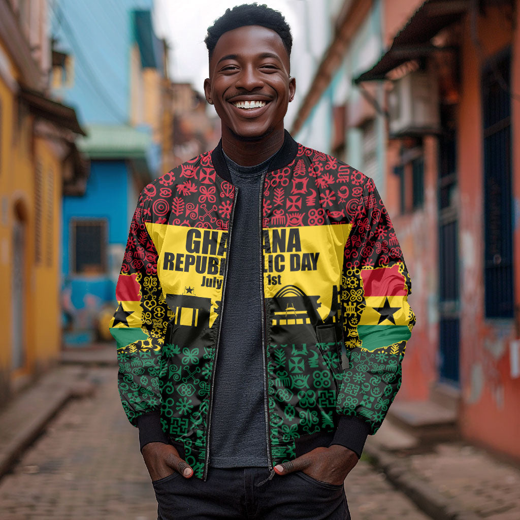 Personalized Ghana Republic Day Bomber Jacket Adinkra Pattern Heritage Silhouette African Culture Art