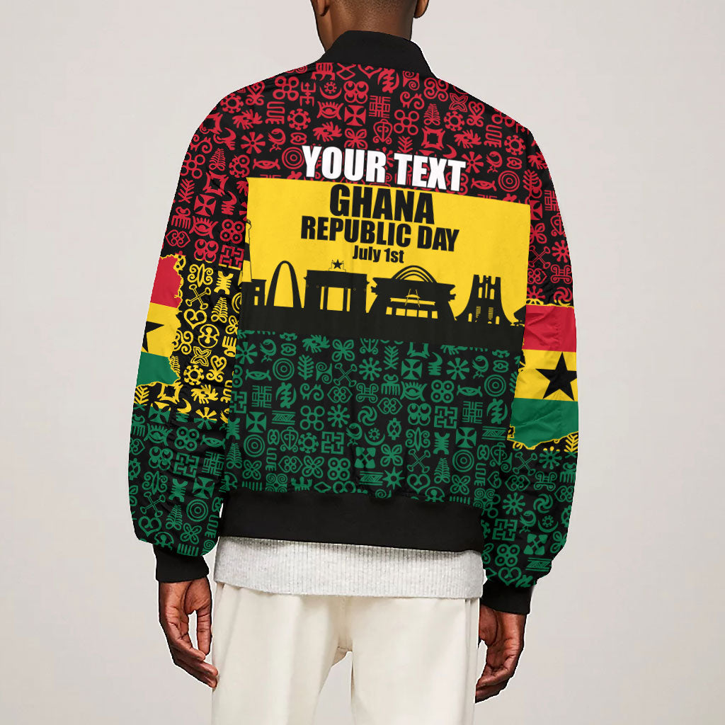 Personalized Ghana Republic Day Bomber Jacket Adinkra Pattern Heritage Silhouette African Culture Art