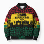 Personalized Ghana Republic Day Bomber Puffer Jacket Adinkra Pattern Heritage Silhouette African Culture Art